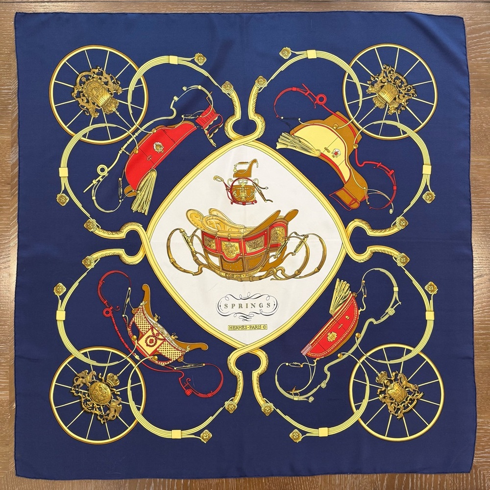 Authentic Hermes Elegant Blue and Gold Silk Scarf - Picture 4 of 10